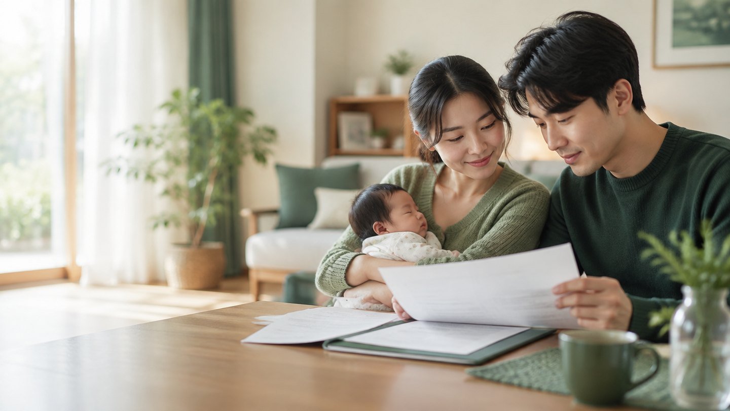 출생 후 태아보험 태아등재 서류를 확인하는 한국인 신생아 부모